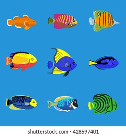 Tropical ocean fish, vector illustration set