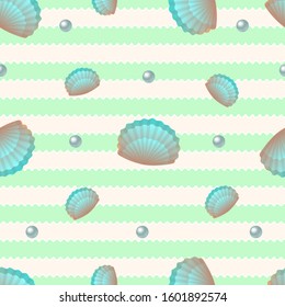 Tropical ocean green bar background clam, cartoon hand drawn shell, vector graphics, marine logo illustration, aquarium decoration, shellfish marine life