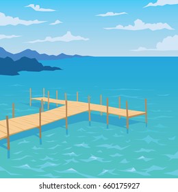 Tropical ocean landscape with wooden dock. Summer sky, clouds. Vector illustration of seascape with pier in flat faceted style for design, articles, print, card, poster. Scene for your artwork.