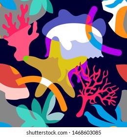 Tropical ocean painting. Vector pattern with geometric fishes, starfish, corals  and seaweed. Summer swimwear textile collection. Colorful on dark.