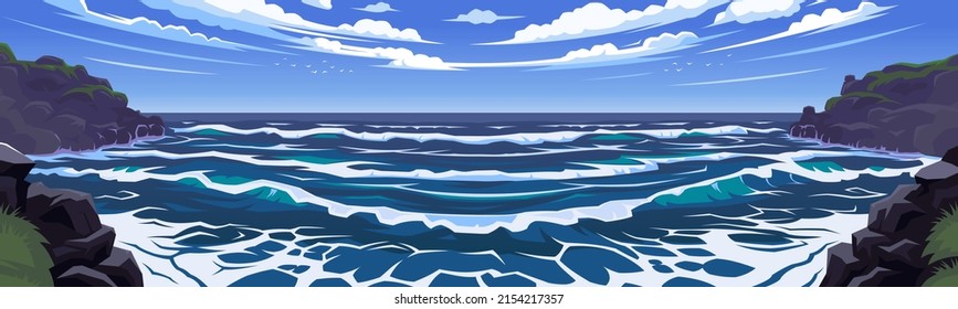 Paraíso tropical del océano. Vistas panorámicas a la playa. Bahía de Laguna Beach. Las olas se deslizan suavemente en la playa de la playa con acantilados y distancia azul en el hermoso día soleado de la famosa Laguna. Ilustración del vector