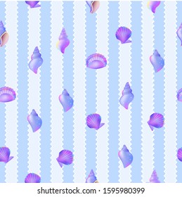 Tropical ocean purple gradient conch, seamless background, cartoon hand drawn shells, vector graphics, marine logo illustration, aquarium decoration, shellfish marine life