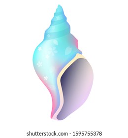 Tropical ocean sakura pattern blue green gradient conch, cartoon hand drawn shells, vector graphics, marine logo illustration, aquarium decoration, shellfish marine life