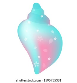 Tropical ocean sakura pattern blue green gradient conch, cartoon hand drawn shells, vector graphics, marine logo illustration, aquarium decoration, shellfish marine life