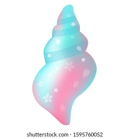 Tropical ocean sakura pattern blue green gradient conch, cartoon hand drawn shells, vector graphics, marine logo illustration, aquarium decoration, shellfish marine life