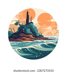 tropical ocean scene with mountain and trees icon isolated