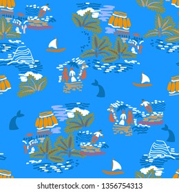 Tropical ocean scenes. Seamless grunge pattern with islands, boats, sailors and whales. Marine textile collection. On blue backgound.