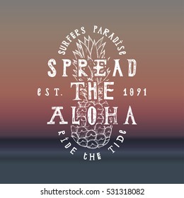 tropical ocean shore print.  pineapple Hawaii lettering. vacation on islands.