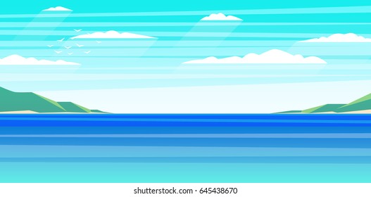 Tropical ocean skyline background. Vector illustration. Realistic cartoon style.