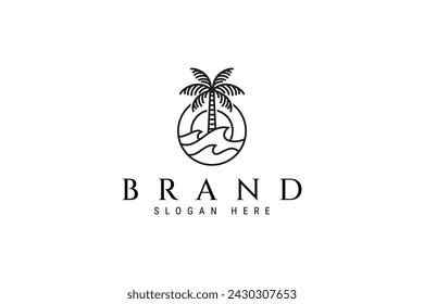 tropical ocean sun beach simple line art logo template vector illustration design.