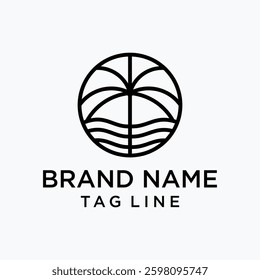tropical ocean sun beach simple line art logo template vector illustration design.