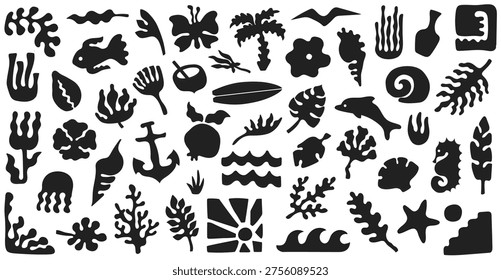 Tropical ocean symbol set, abstract marine silhouettes, boho summer icons. Branding, logo, sticker, packaging, surf shop, beach club, coastal decor assets. Vector illustration