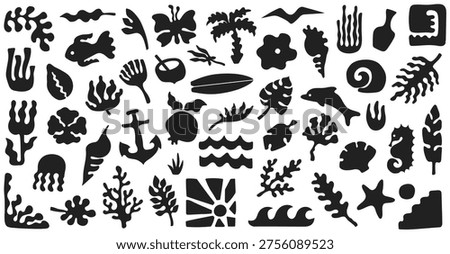 Tropical ocean symbol set, abstract marine silhouettes, boho summer icons. Branding, logo, sticker, packaging, surf shop, beach club, coastal decor assets. Vector illustration