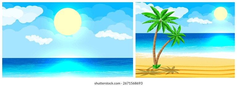 Vista tropical al mar con sol y nubes brillantes. Paisaje marino con playa y palmera. Viaje de verano con concepto de vacaciones.
