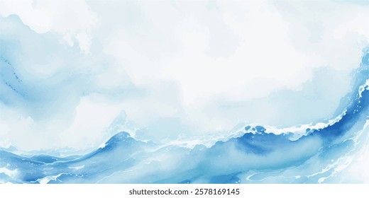 "Tropical Ocean Wave in Fluid Blue and White Watercolor: An Abstract Depiction of a Bold Tsunami Wave Splashing in Cartoon Style, Creating a Relaxing, Yet Powerful Background with Layered Oceanic Text