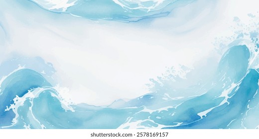 "Tropical Ocean Wave in Fluid Blue and White Watercolor: An Abstract Depiction of a Bold Tsunami Wave Splashing in Cartoon Style, Creating a Relaxing, Yet Powerful Background with Layered Oceanic Text