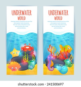 Tropical oceanarium funny sea animals vertical banners set with crab seaweeds and starfish abstract isolated vector illustration
