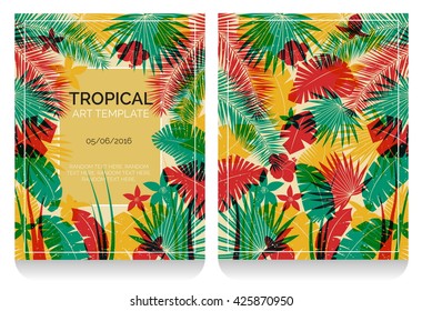 Tropical offset print effect jungle illustration with overlayed plants and flowers making anaglyph effect. Replace text to customize template.