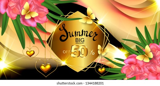 Tropical oleander flowers and hearts in a decorative greeting card. Summer price, big discount, cosmetics label, invitations, frame, background for holidays: wedding, mother's Day, March 8, birthday, 