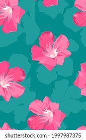 Tropical oleander flowers on bright green background, flat hand drawn style, cute and simple summer vibe seamless pattern design