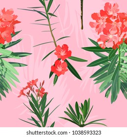 Tropical oleander, nerium  flowers, vintage pastel vector seamless pattern background