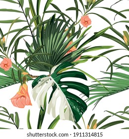 Tropical orange crocosmia  flowers and bright green leaves exotic seamless pattern. Exotic tropical garden on white background.