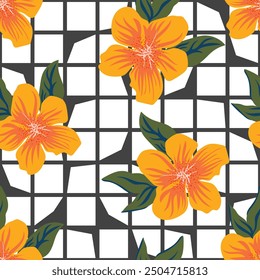 Tropical orange flowers form a seamless pattern with white background and black outline checkered mesh for fabrics, wrapping paper, decorative pillows. Vector.