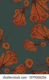 tropical orange flowers on dark pastel green background, flat tropic cute hand drawn style summer vibe seamless pattern