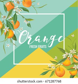 Tropical Orange Fruits and Flowers Summer Banner, Graphic Background, Exotic Floral Invitation, Flyer or Card. Modern Front Page in Vector