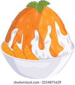 Tropical Orange Kakigori with Orange Slices and Mint Leaves - Japanese Shaved Ice Dessert Vector Art 