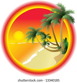 Tropical orange sunset. Vector illustration.