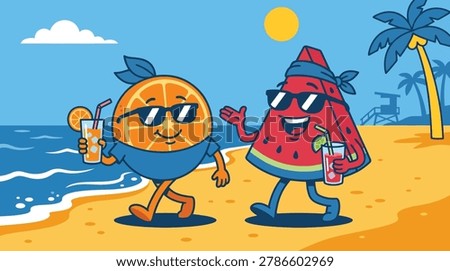 Tropical Orange And Watermelon Mascot Summer Beach Illustration Containing fruit cartoon characters, tropical vacation scenery, and sunny seaside atmosphere
