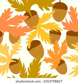 Tropical oranges, slices and pitaya with brush strokes seamless pattern. Fall season leaves and acorns seamless vector repeat pattern. Suitable for tiles, decoration, wrapping, packaging, paper, tiles