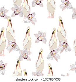 Tropical orchid, exotic flowers, pelican  bird floral seamless pattern, white background. Exotic jungle bird wallpaper.