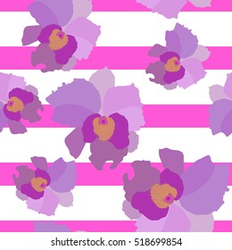 Tropical Orchid flower . Modern Nature flowers  seamless striped pattern background . Vector 