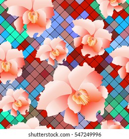 Tropical Orchid flower . Modern Nature flowers seamless mosaic pattern background . Vector