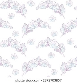 Tropical orchid flower seamless pattern, hand drawn sketch flower head in pastel blue and pink color. Vector background for surface design or textile.