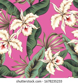 Tropical orchid flowers, green banana palm leaves, pink background. Vector seamless pattern. Jungle foliage illustration. Exotic plants. Summer beach floral design. Paradise nature