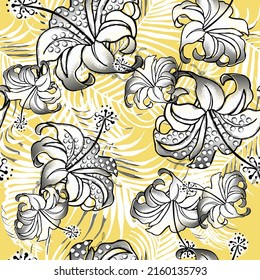 Tropical orchid flowers,  leaves, vector seamless pattern. Jungle foliage illustration. Exotic plants. Summer beach floral design. Paradise nature
