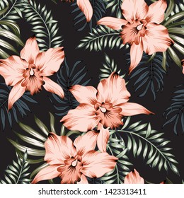 Tropical orchid flowers and palm leaves bouquets, black background. Vector seamless pattern. Jungle foliage illustration. Exotic plants. Summer beach floral design. Paradise nature