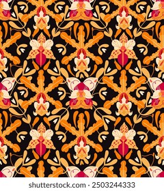 Tropical orchid flowers seamless pattern vector. Vintage Exotic Traditional symmetrical hand drawn flower design for wallpaper, textile, fabric, wrapping paper, cover, card, poster in Boho style