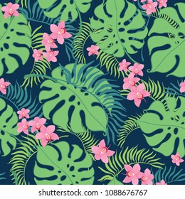 Tropical orchid flowers seamless repeat pattern. Great for summer exotic wallpaper, backgrounds, packaging, fabric, and giftwrap projects. Surface pattern design.