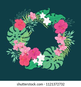 Tropical orchid hibiscus flowers wreath. Great for summer exotic wallpaper, backgrounds, packaging, fabric, and giftwrap projects.