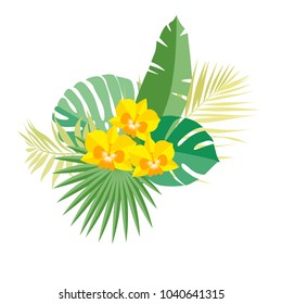 Tropical orchid and palm leaves bouquet. Papercut style design. Vector 

illustration EPS10.