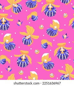 Tropisches orchidees, nahtloses Muster auf rosafarbenem Hintergrund. Schöne exotische Texturgrafik für Karte, Stoff, Tapete oder Wickelpapier. Sommerbotanische Trendgrafik
