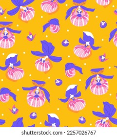 Patrón de orquídeas tropicales sin soldadura sobre fondo amarillo. Hermosa ilustración de textura exótica para tarjetas, tejidos, papel pintado o papel envolvente. Ilustración botánica de moda de verano