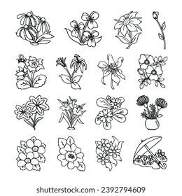 Tropical organic flower sketch with leaves in doodle style icon set collection.