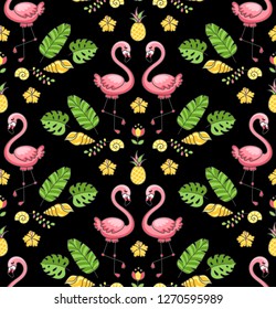 Tropical ornament with exotic flamingo birds. Seamless pattern on a black background. Vector illustration for print, wallpaper, postcard.