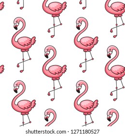 Tropical ornament with exotic pink flamingo birds. Seamless pattern. Print for textile, fabric, posters, postcard, decor, paper, wallpaper. Vector illustration.
