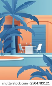 Tropical outdoor scene with palm trees modern patio furniture and poolside relaxation in paper cut style bright orange and blue colors